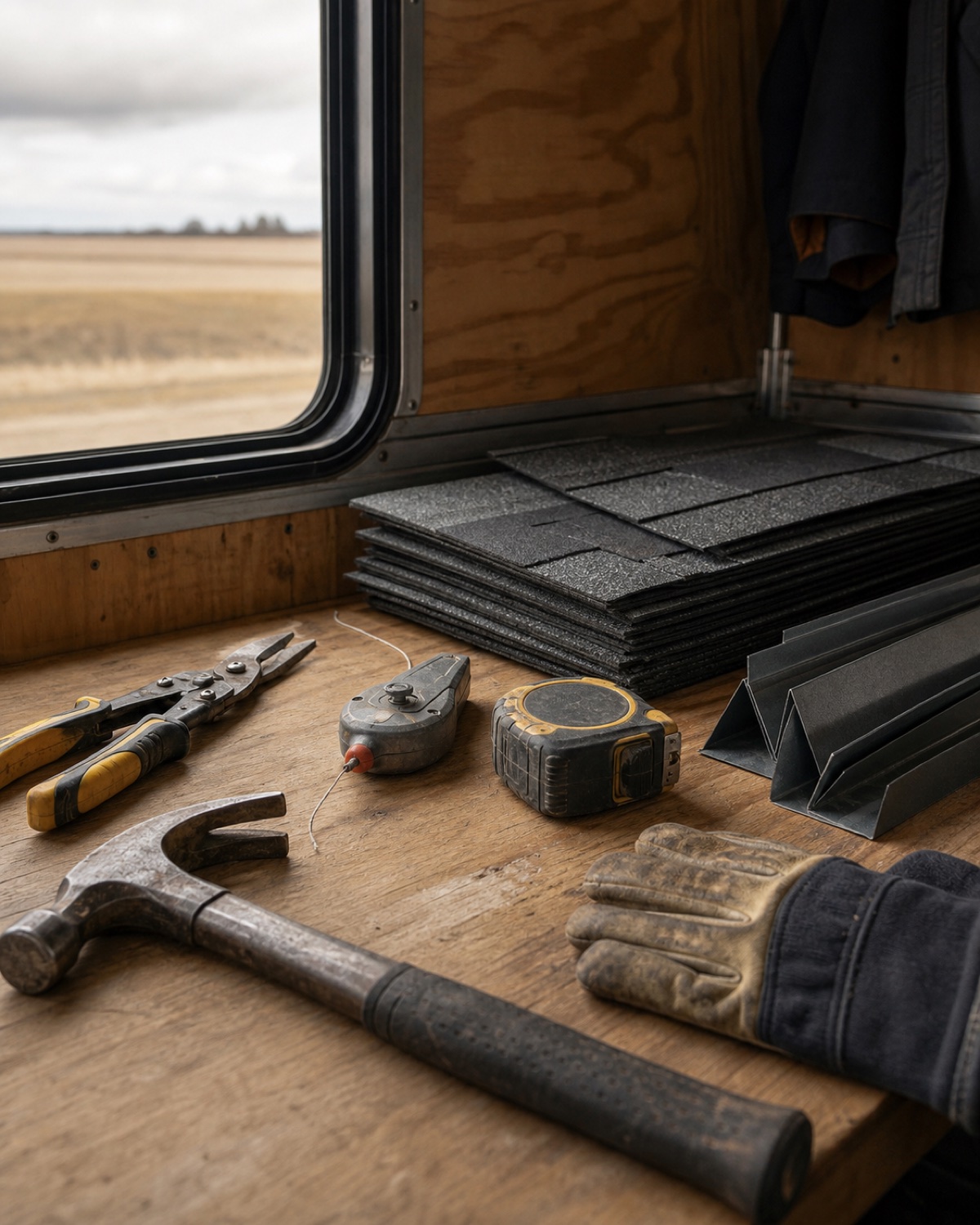Organized roofing tools, flashing, and shingles on a clean contractor workbench