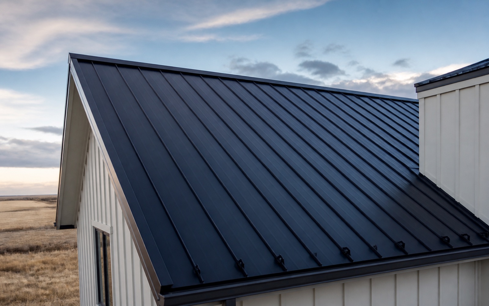 Navy standing-seam metal roof with aligned seams and clean edge flashing