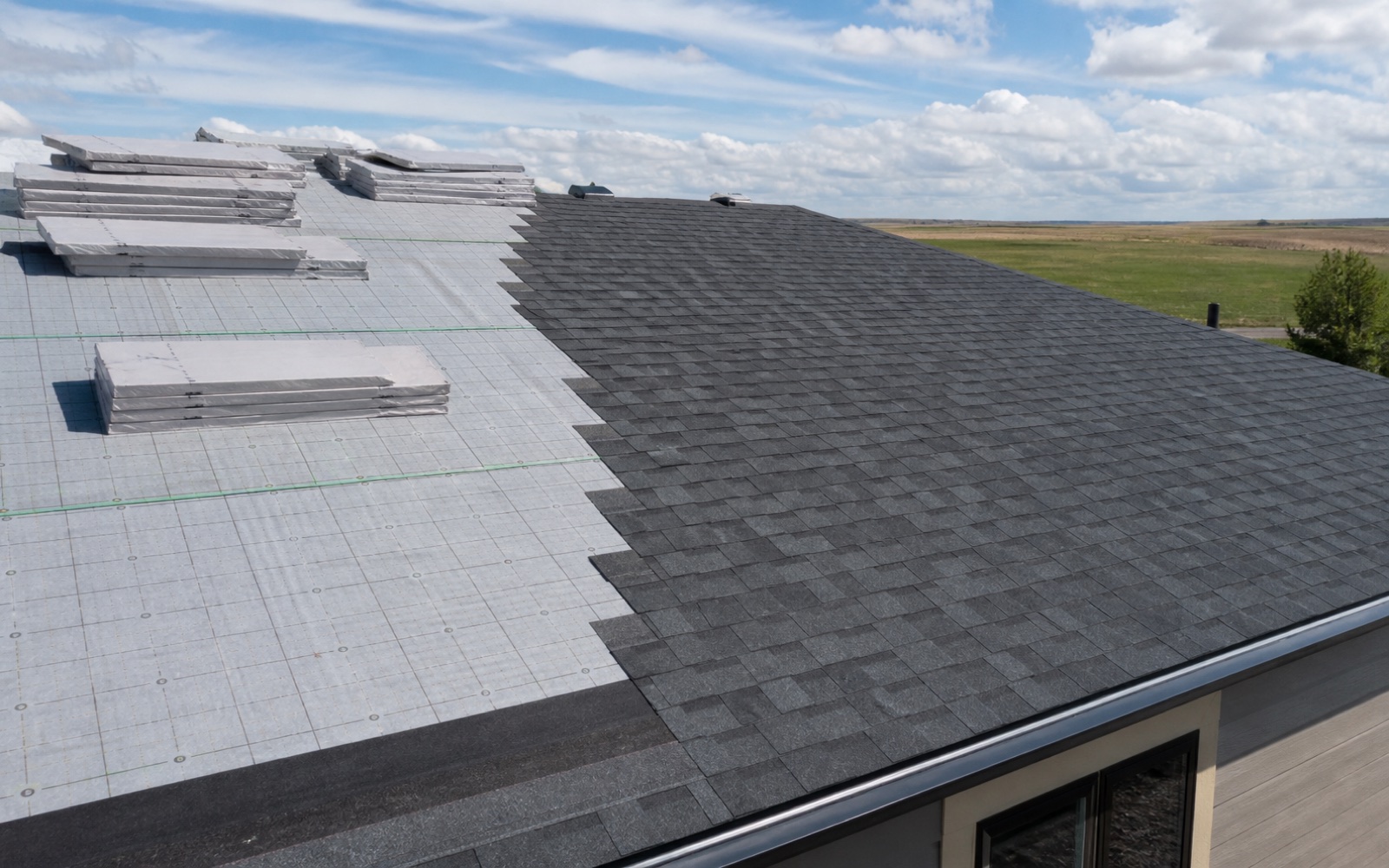 Roof deck, underlayment, and finished shingles during an organized roof replacement