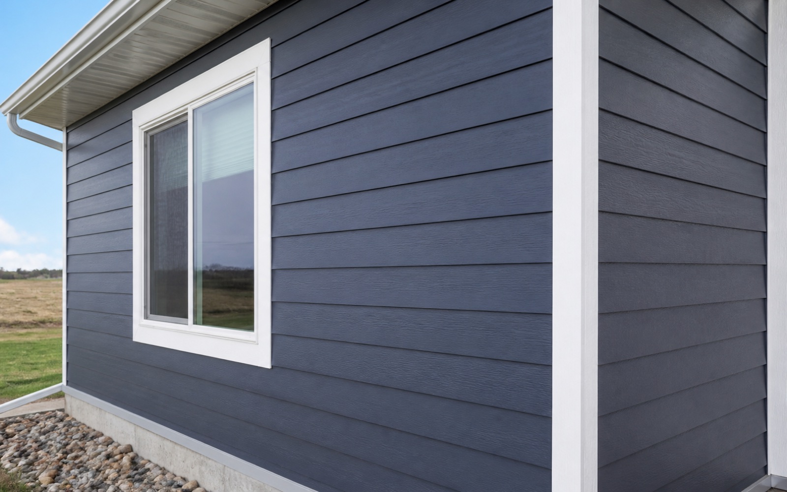 Finished navy-gray lap siding with white window and corner trim