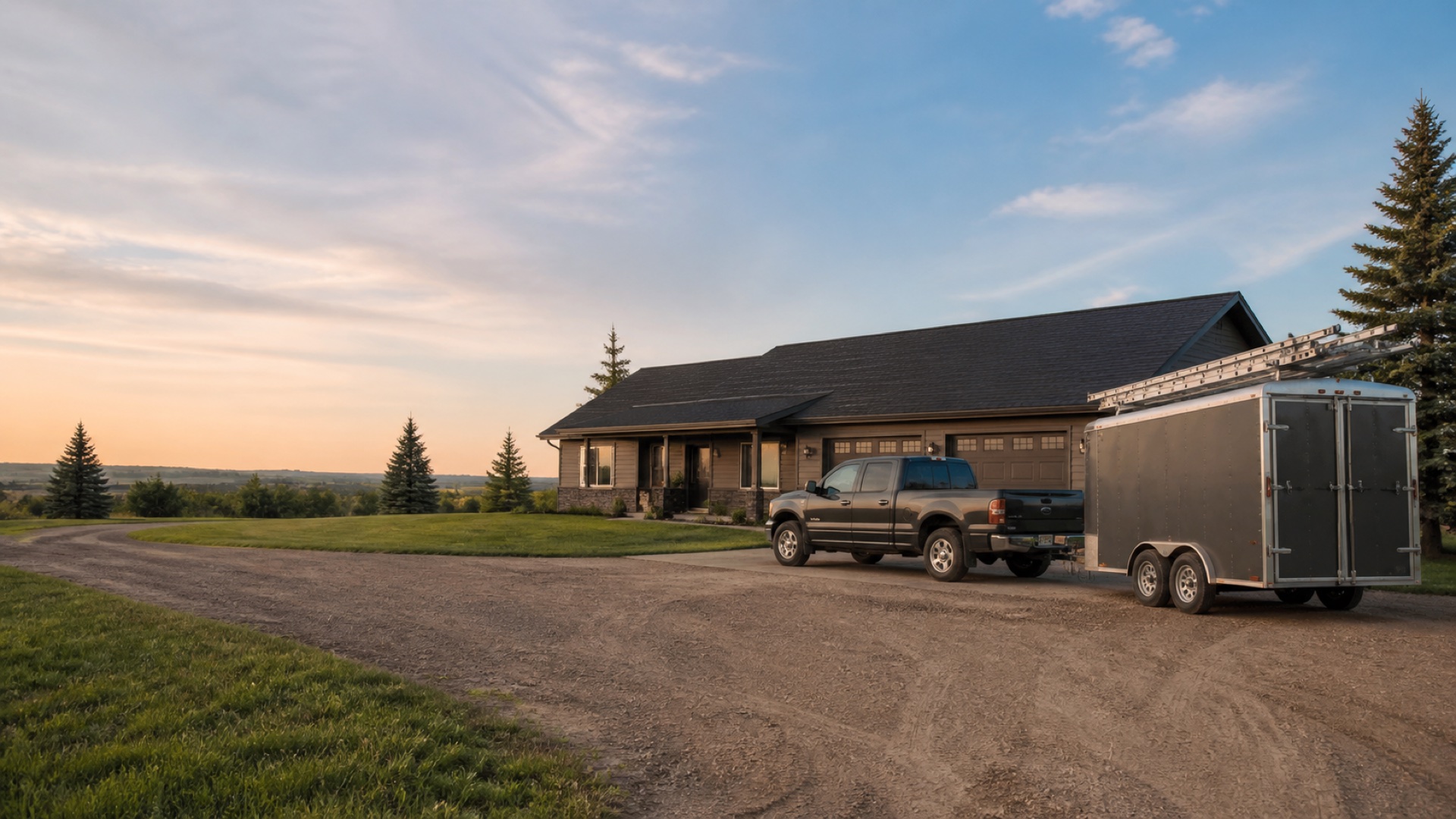 Completed dark roof, secured ladders, and unbranded contractor vehicles at a clean North Dakota job site