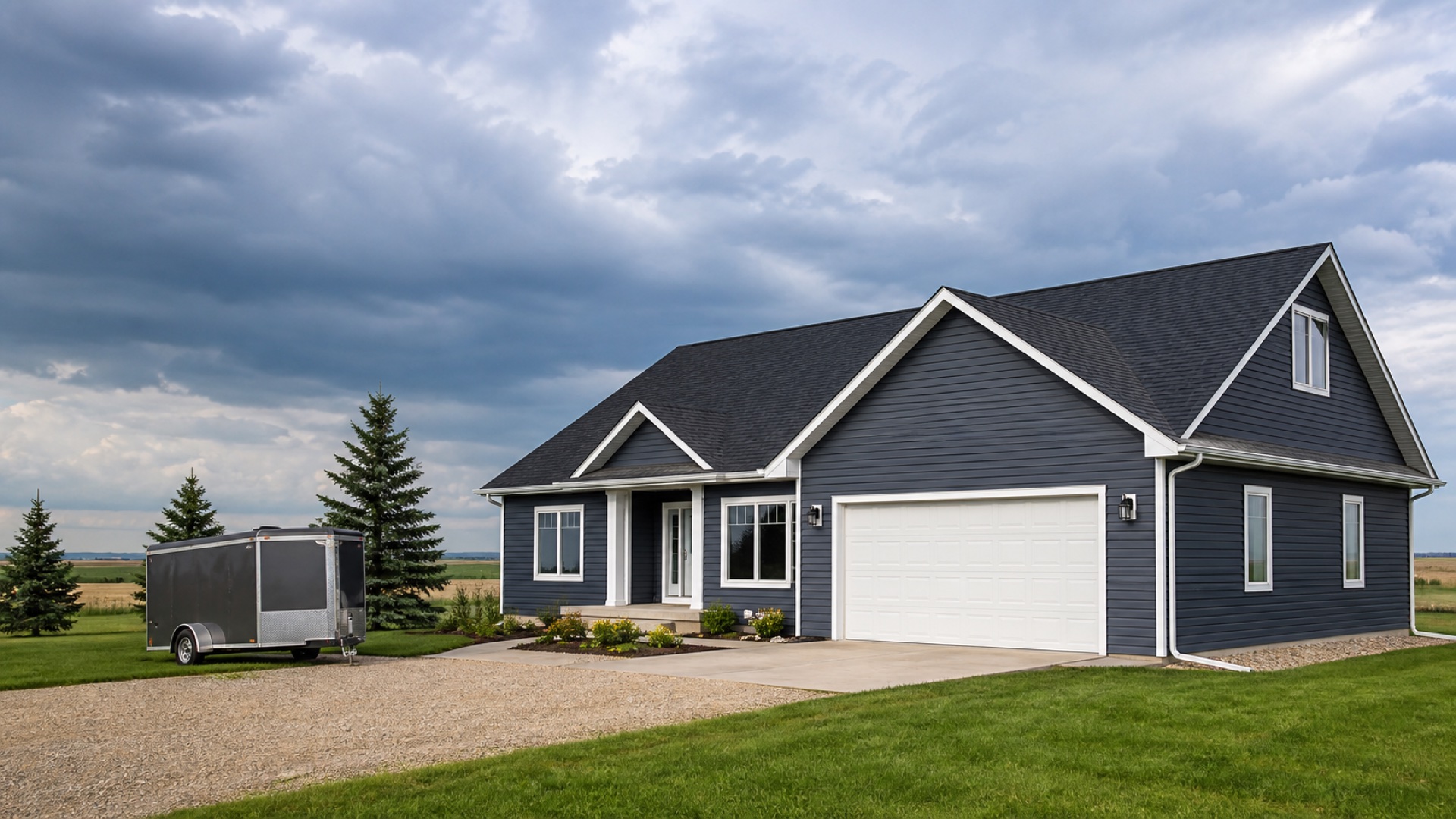 North Dakota home with a new dark roof, white seamless gutters, and navy-gray siding