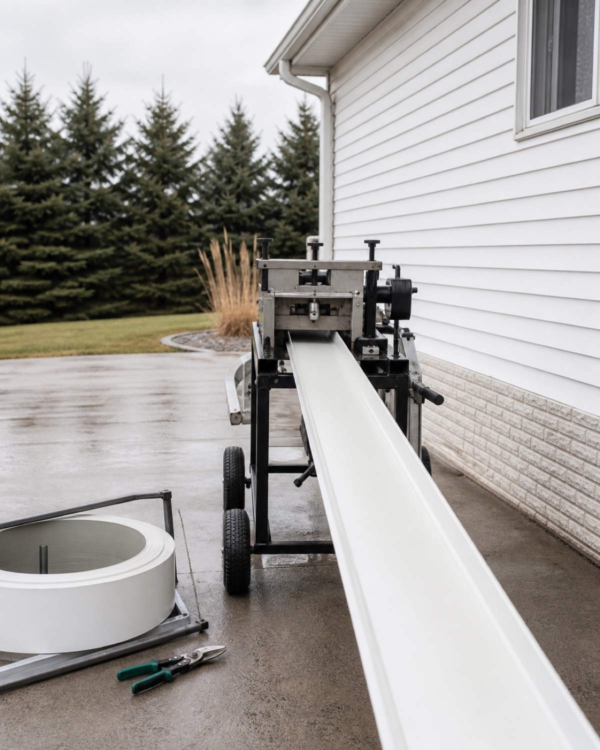 Unbranded gutter machine forming a continuous white seamless gutter beside a North Dakota home