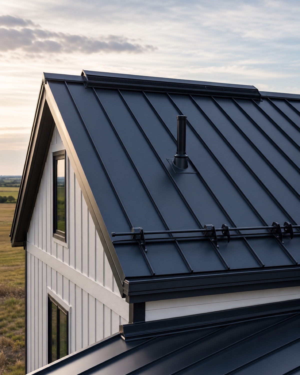 Standing-seam metal roof with aligned seams, pipe flashing, snow guards, and clean eave trim