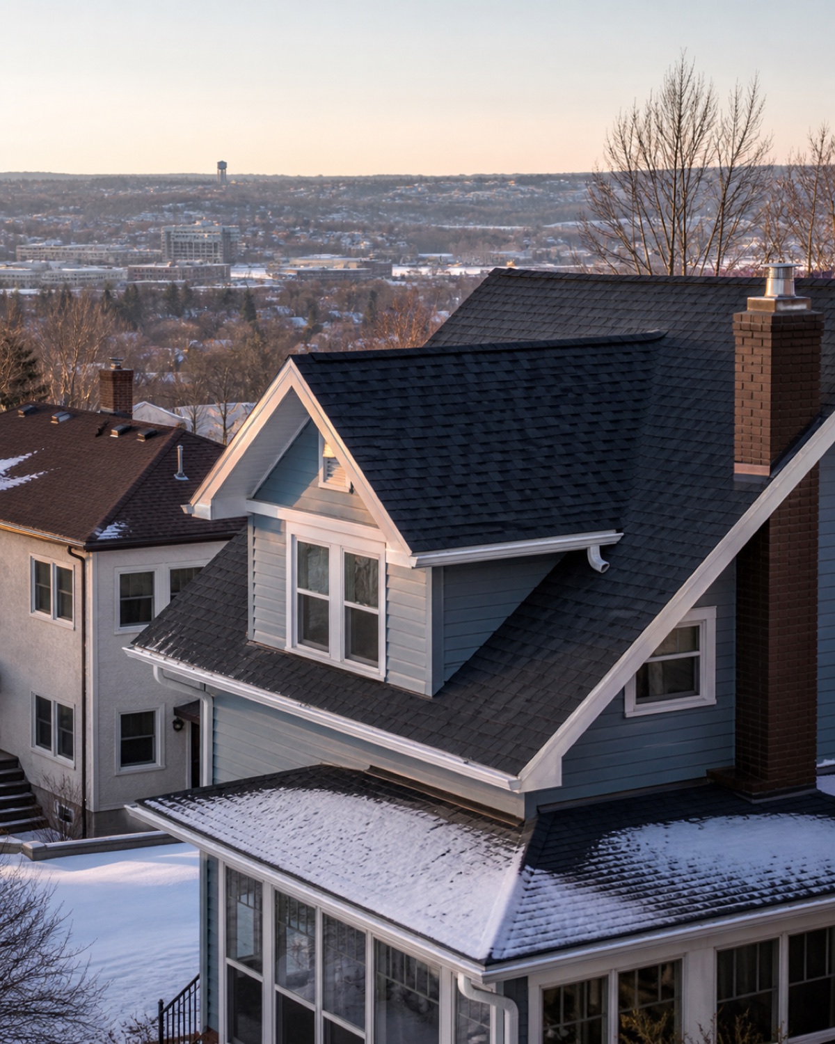 Steep-roofed Minot home with dormer flashing, white gutters, and the city valley beyond