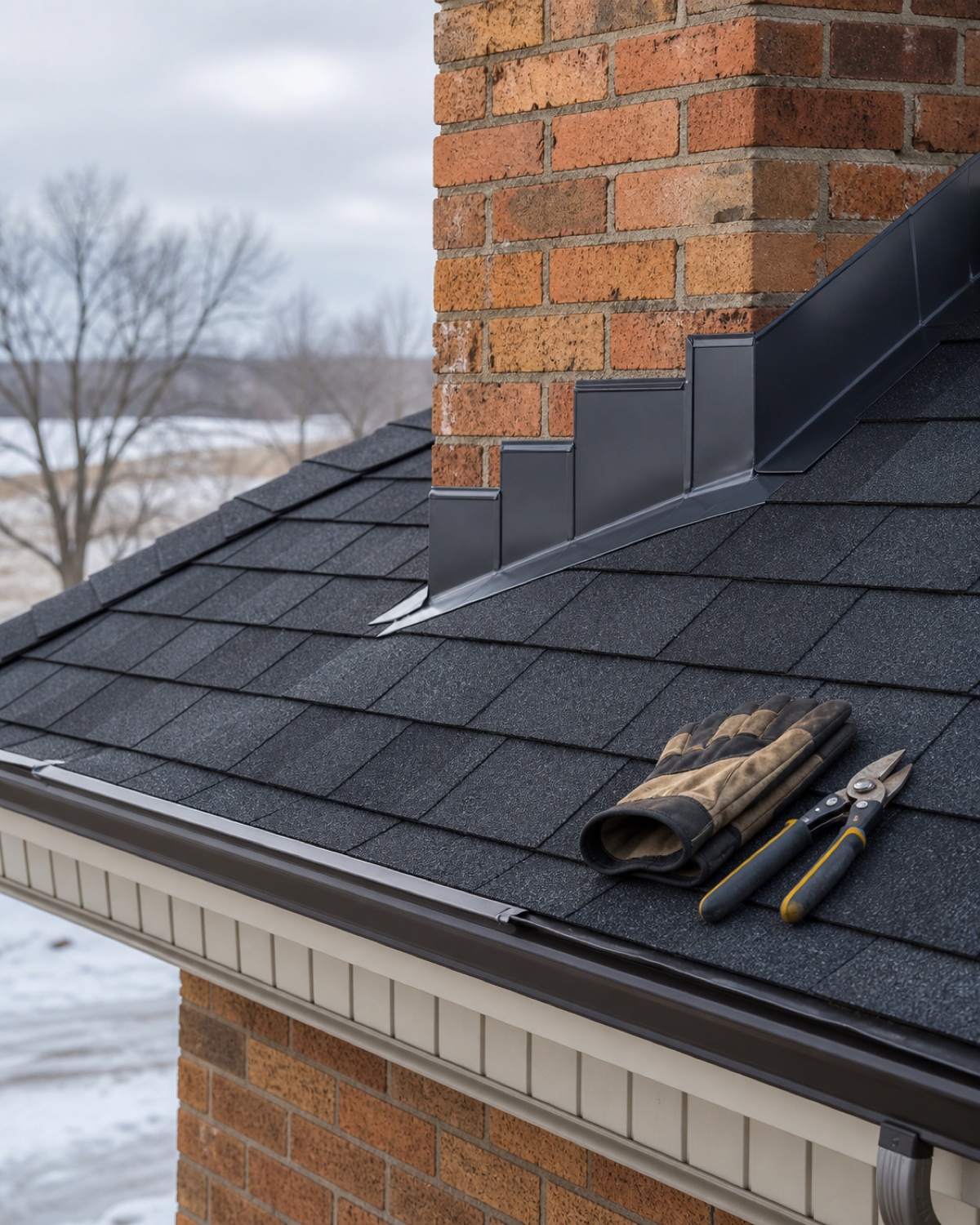 Renewed chimney flashing and replacement shingles on a Bottineau-area roof