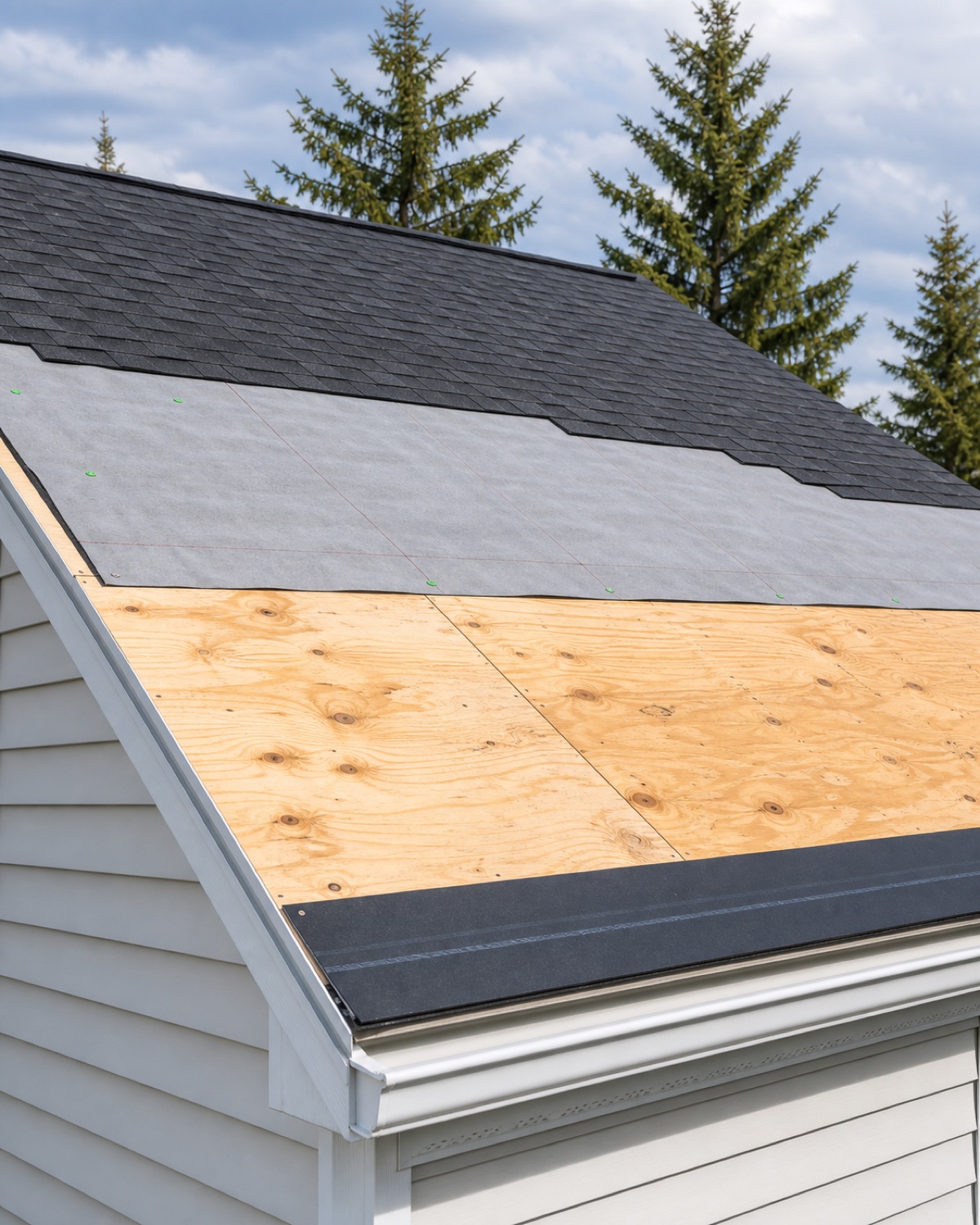 Roof replacement layers showing clean decking, eave membrane, underlayment, and shingles