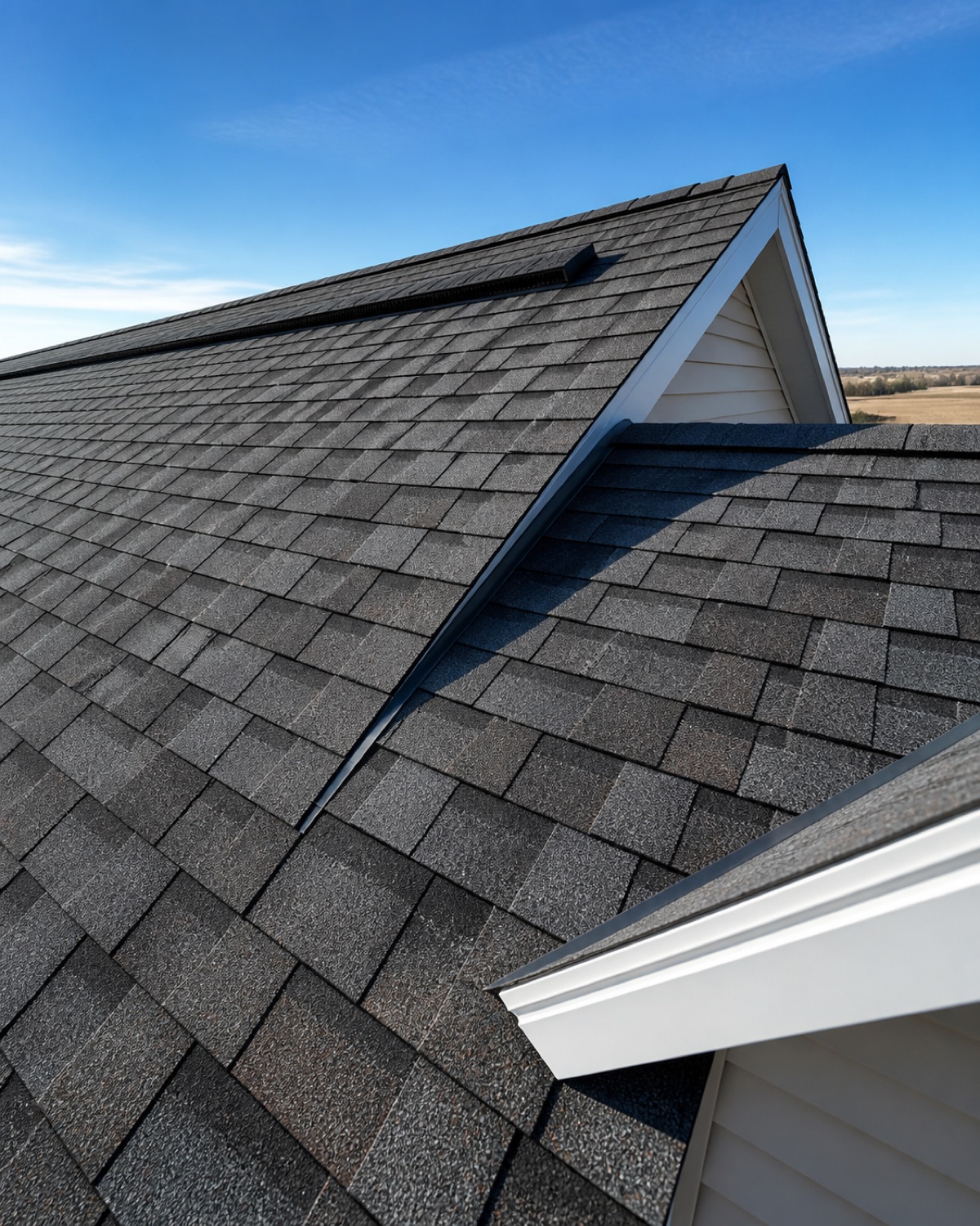 Straight architectural-shingle courses, ridge caps, and valley detail on a North Dakota roof
