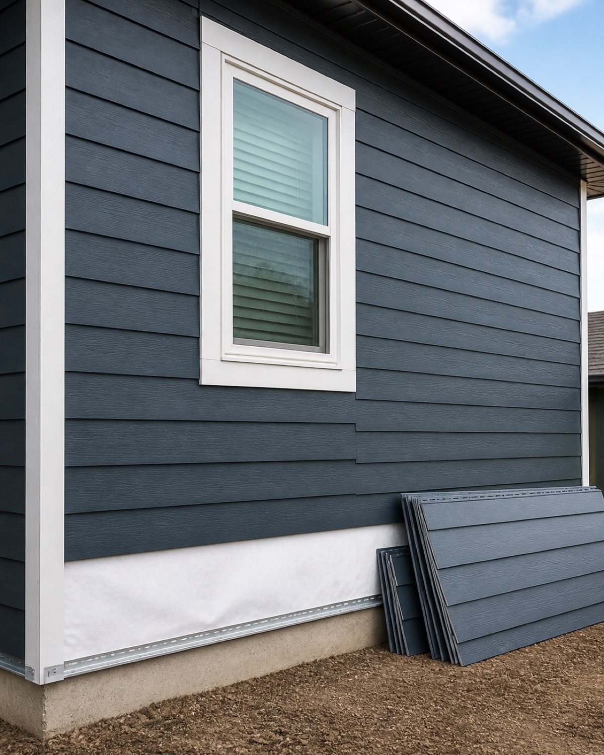Navy-gray siding installation showing clean courses, window flashing, and white corner trim