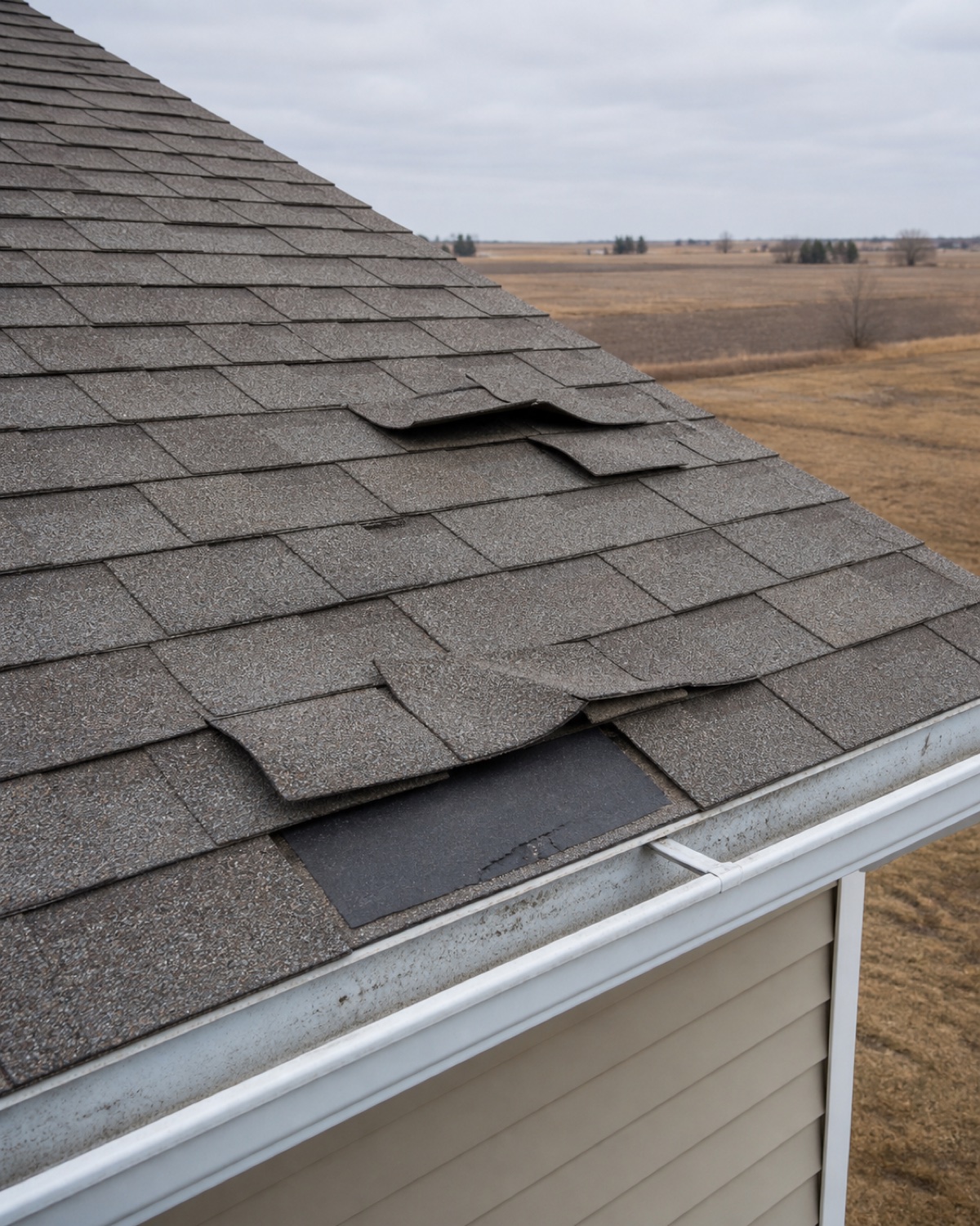 Localized lifted and missing asphalt shingles before a roof repair