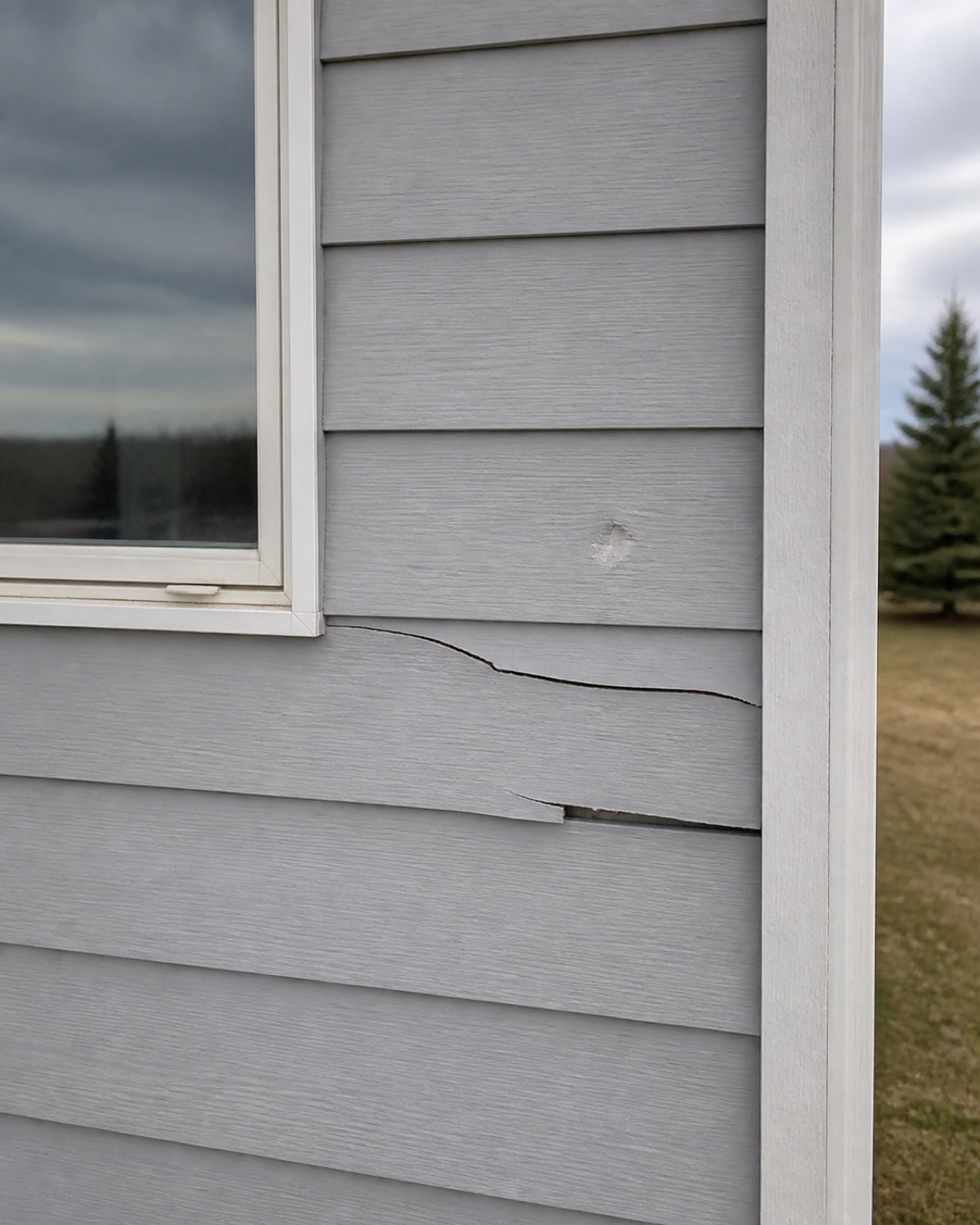 Localized cracked and loosened lap siding with a small impact mark before repair
