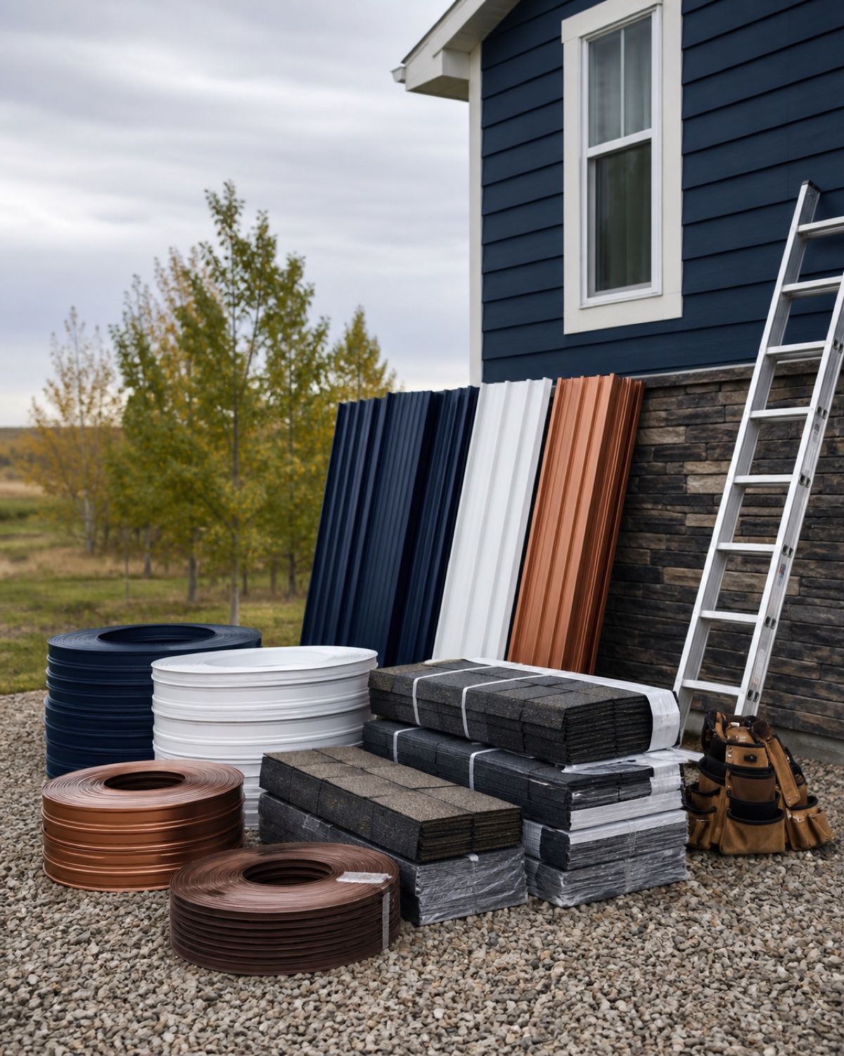 Organized roofing, gutter, metal panel, and siding materials at a North Dakota job site